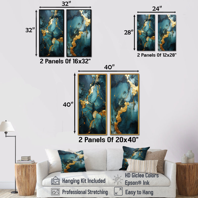 Or et vert, marbre abstrait IV, ensemble de 2 reproductions d'art sur toile, Toile tendue, H 32 po x l 33 po