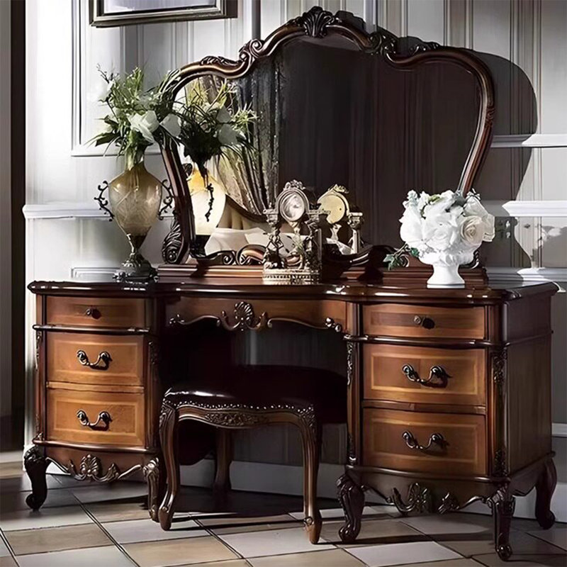 Bureau de meuble-lavabo en bois massif rétro avec armoire de tiroir et miroir de maquillage Vintage Luxury