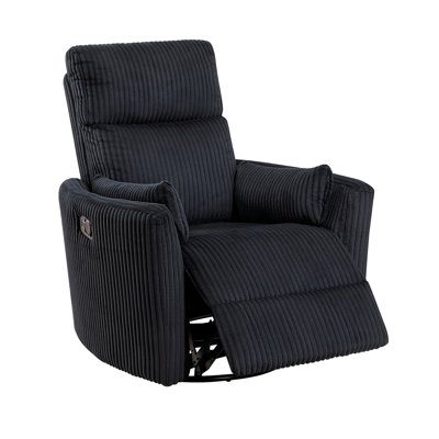 Black Corduroy Fabric Upholstery 1Pc Accent Chair Swivel Glider Reclining Motion Solid Wood Living Room Furniture