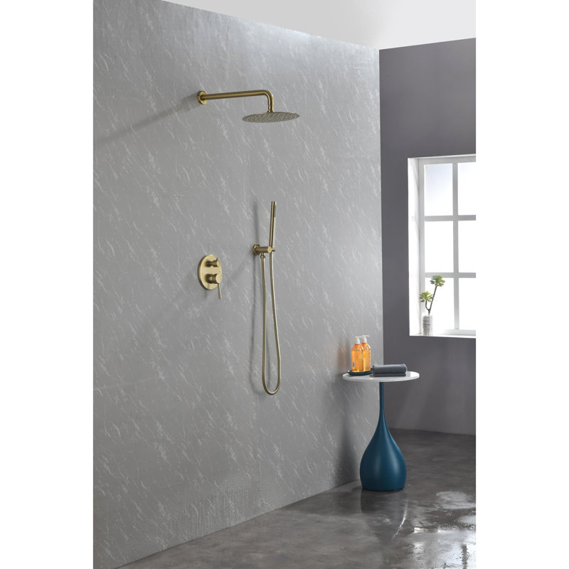 Wall Mounted Bathroom Shower - Brushed Gold With High 10" Stainless Steel Rain Head And Handheld Shower, 2 Way Balance Valve Kit For