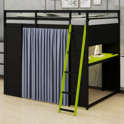 Structure de lit mezzanine en bois peu encombrante avec garde-robe intégrée, tablettes de rangement, rideaux occultants et lumières RVB
