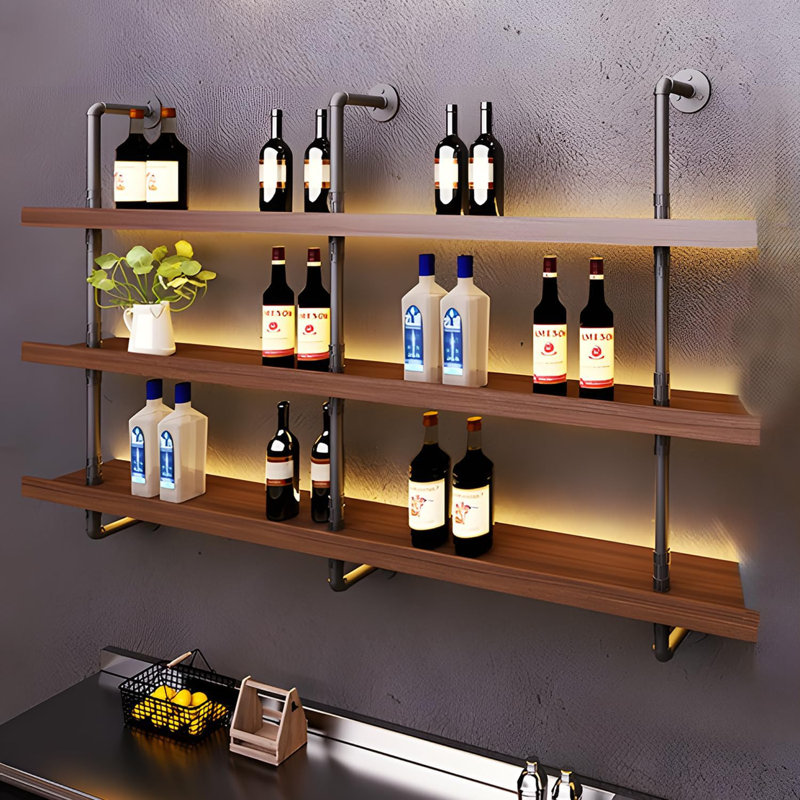 Support à vin mural en bois massif, grand support à vin avec éclairage à DEL, tablette de bar industrielle, pour bar à domicile, salle à manger et cuisine (140 cm / 55,1I N)