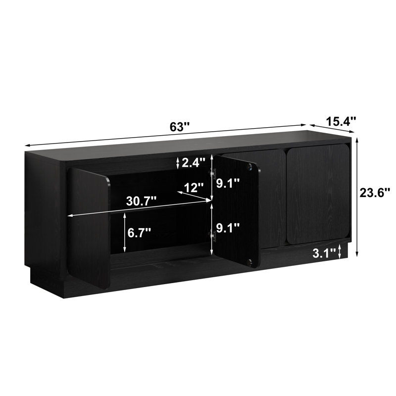 Meuble télé noir de 63 pouces, en panneaux de particules, monobloc, console multimédia avec 4 portes de rangement
