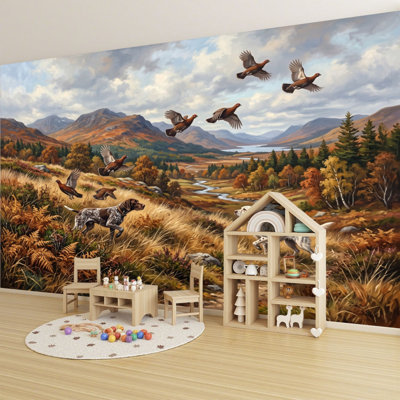 Peel and Stick Wallpaper Grouse Birds Hunting Dogs Autumn Highland Mountain Landscape Rustic Wall Murals 100"H x 144"W Removable PVC Wall Paper Self-Adhesive Wall Decor for Bedroom Living Room Home Office