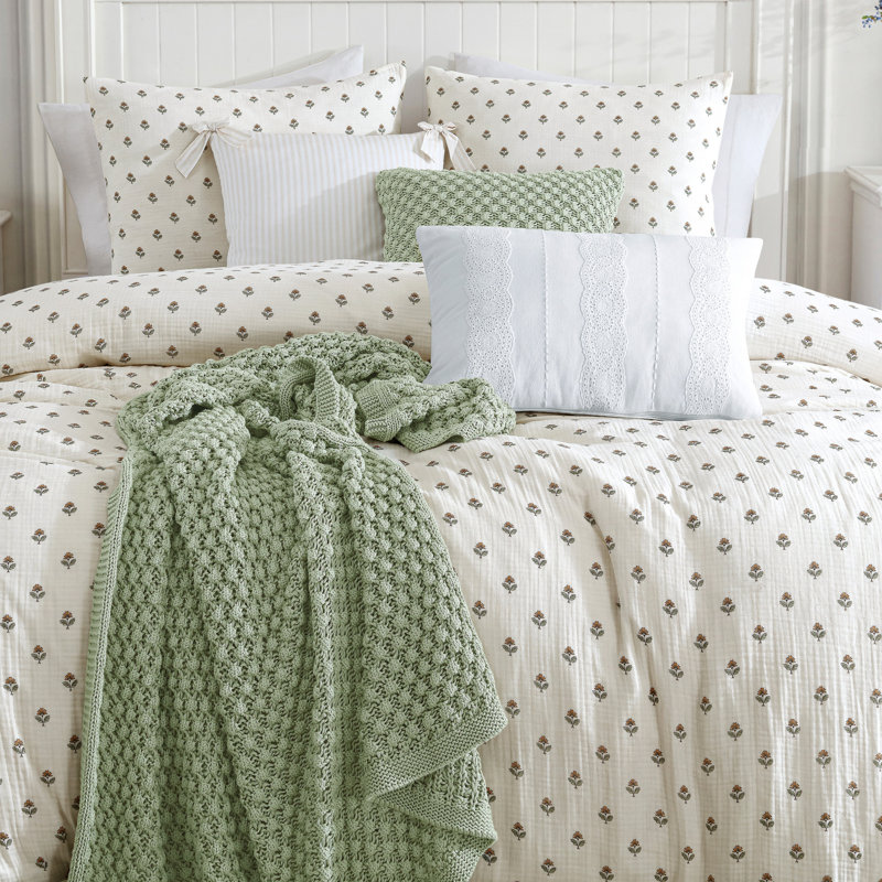 Ivory Cotton King Comforter Set with Floral Print