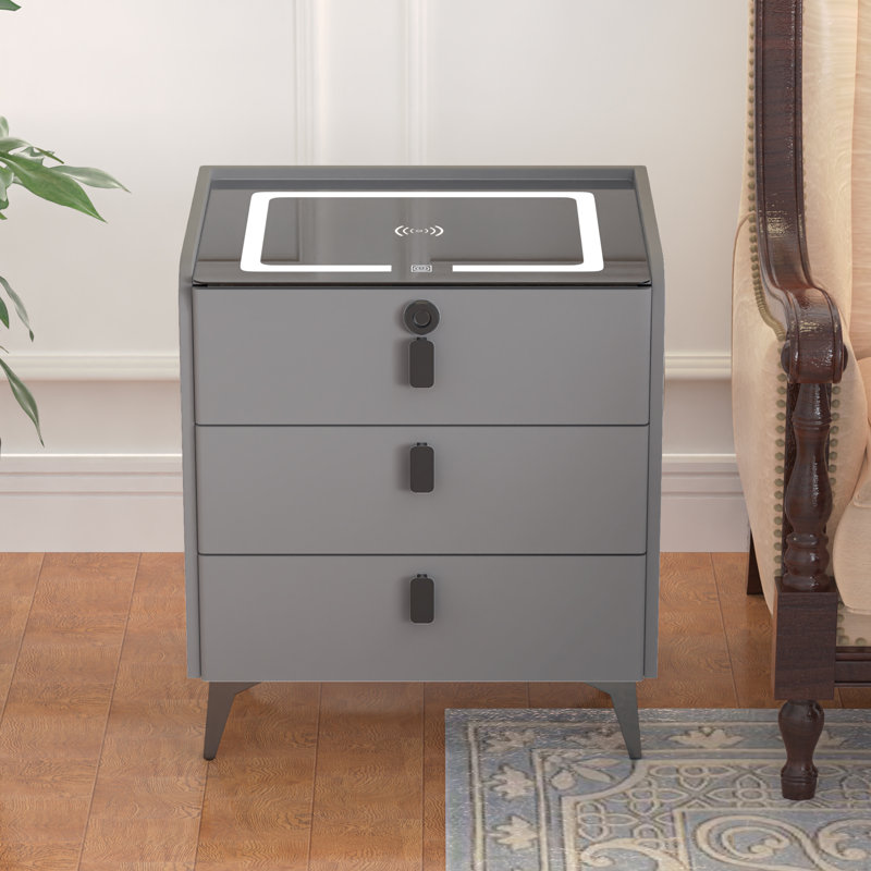 Kaylena 3 - Drawer Nightstand with Fingerprint Lock and LED Lights and Music Player, Gray