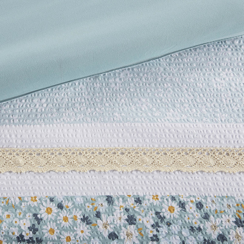 Literie en seersucker double / grand avec coussins décoratifs - Shabby chic en édredon imprimé floral de style jaune et bleu