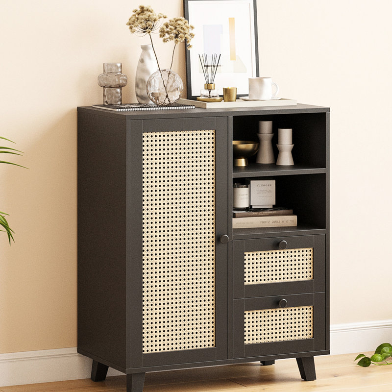 Buffet avec deux tiroirs et tablette réglable pour le salon, la cuisine ou le vestibule - Fonction de coulissement fluide, bois d'ingénierie noir, fabrication stable de 33,1 po de hauteur, 27,87 de largeur