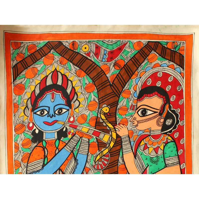 Radha Krishna debout | Peinture Madhubani | Couleurs naturelles sur papier fait à la main