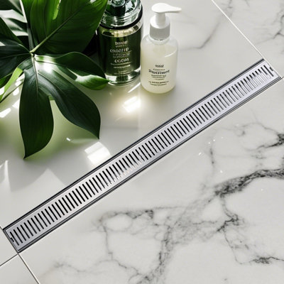 32 Inch Linear Shower Floor Drain, 304 Stainless Steel Bathroom Drains Kit, Rectangular Shower Trench Drain with Reversable Tile-in Pattern Drain Cover & Hair Catcher