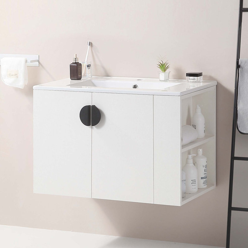 Meuble-lavabo de salle de bain avec lavabo, 2 portes et tablette de rangement ouverte, Blanc