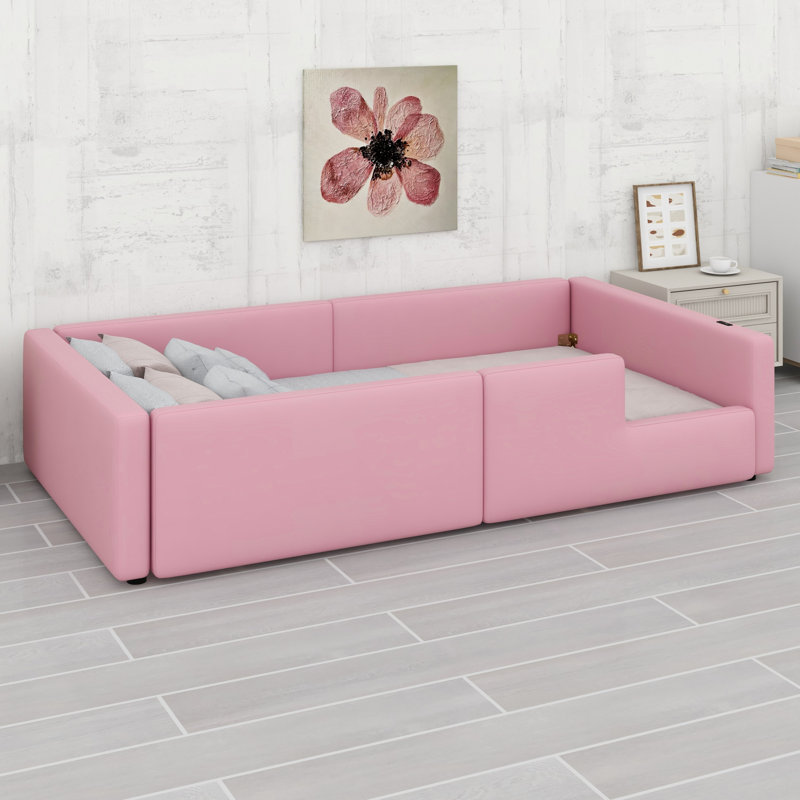 Lit plateforme contemporain avec garde-corps et station de charge intégrée, Pink