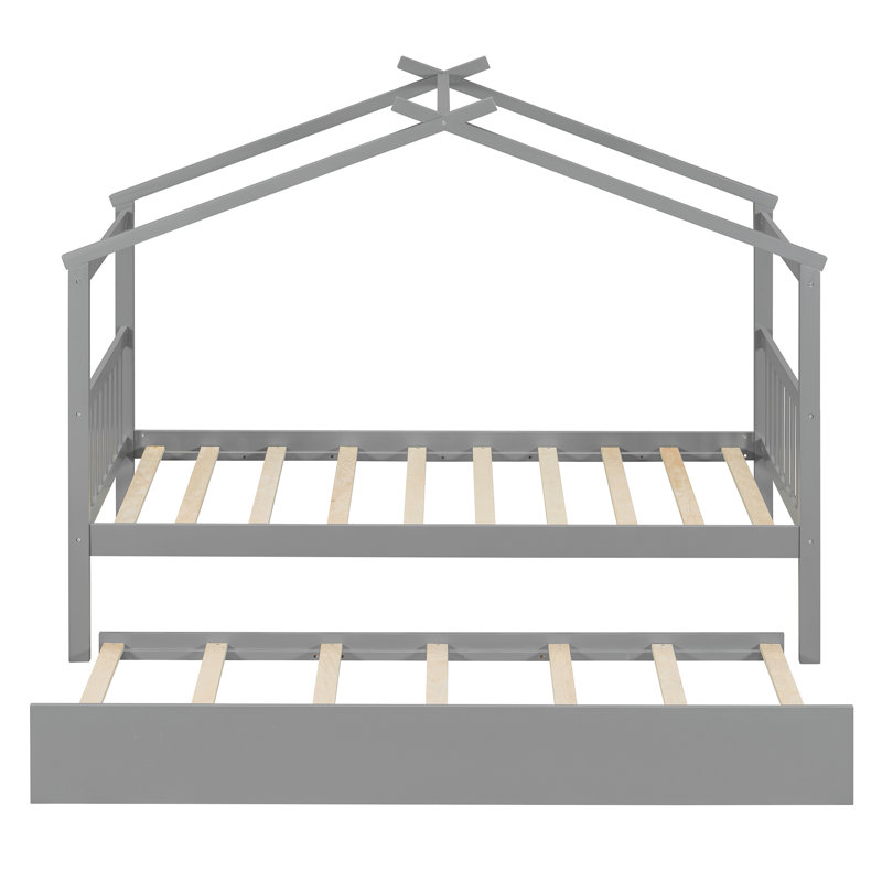 Space-Saving Wooden House Bed With Pull-Out Trundle For Sleepovers, Gray, Twin