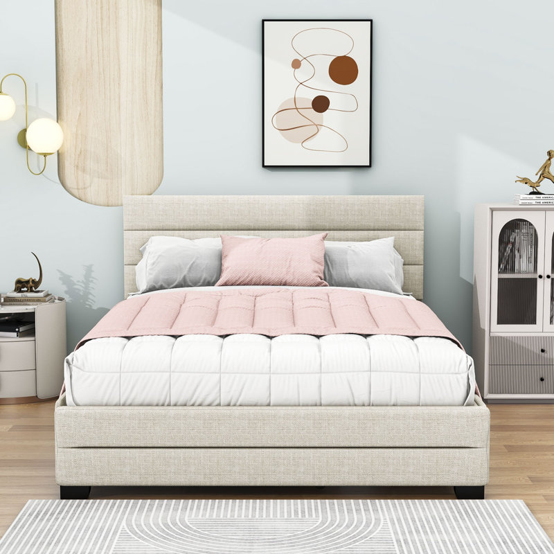 Grand lit plateforme tapissier avec lit gigogne simple et 2 tiroirs Cestina, Beige