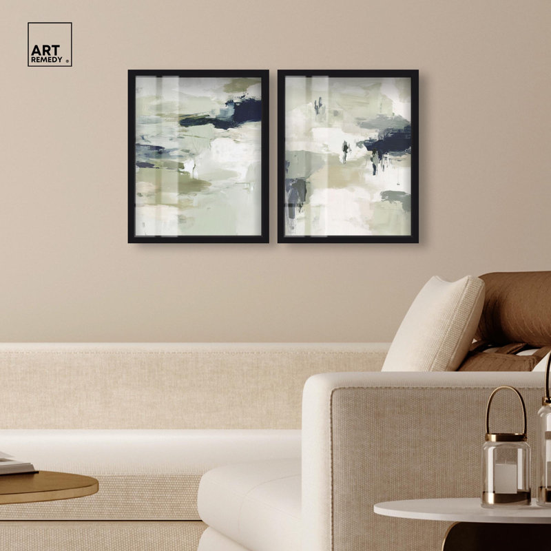 «Serene Abstract Duo Shadowbox», ensemble d'art mural abstrait par Art Remedy, H 21 po x l 17 po, Structure noire