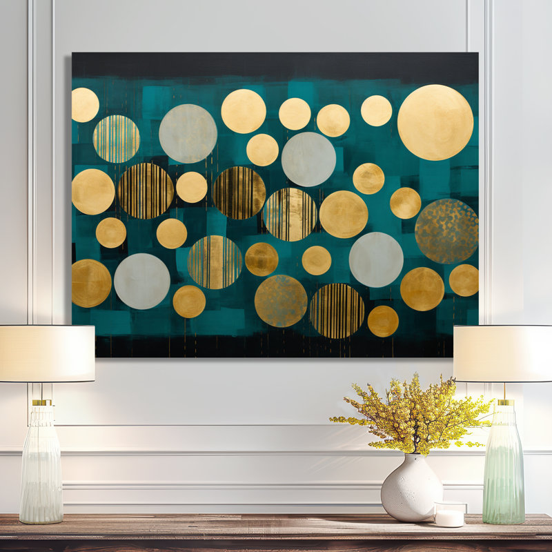 Golden Circles Dance On Teal Blue - Art mural géométrique abstrait, H 30 po x l 40 po x P 1,5 po, Toile tendue