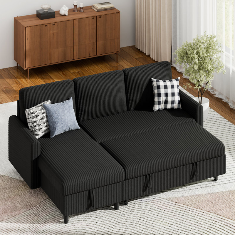 Ashleh 75.8" L-Shaped Sleeper Sofa Bed Sectional, Black Cotton Corduroy