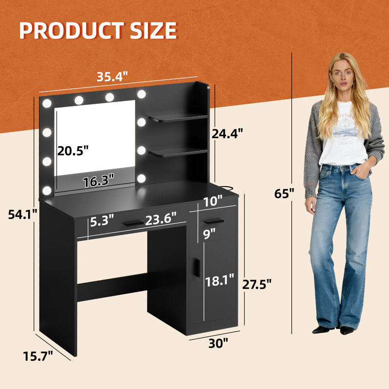 Vanity Table Set with Lights, Mirror & Storage, Makeup Vanity Desk with Power Outlet for Bedroom, Black