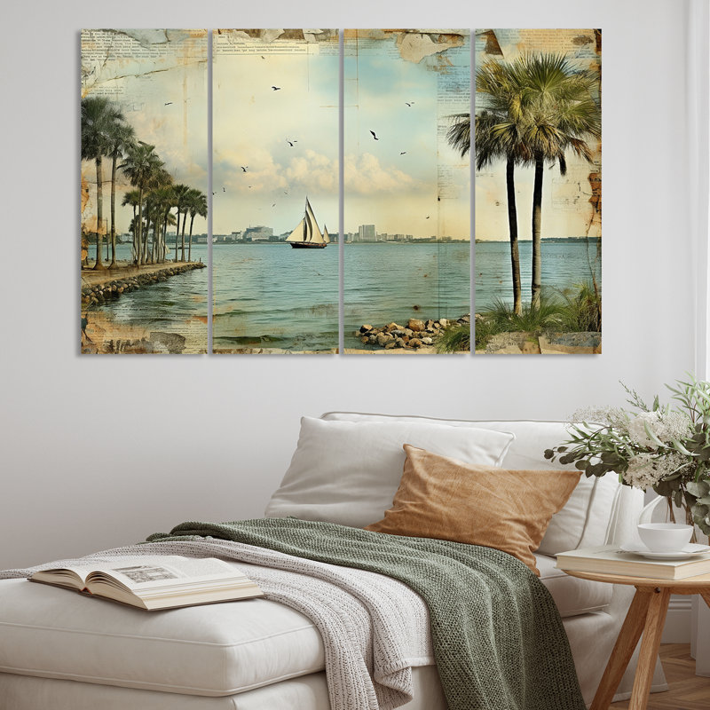 «Vintage 1920 Miami Palm Trees Beachside on Canvas», reproduction de 4 pièces