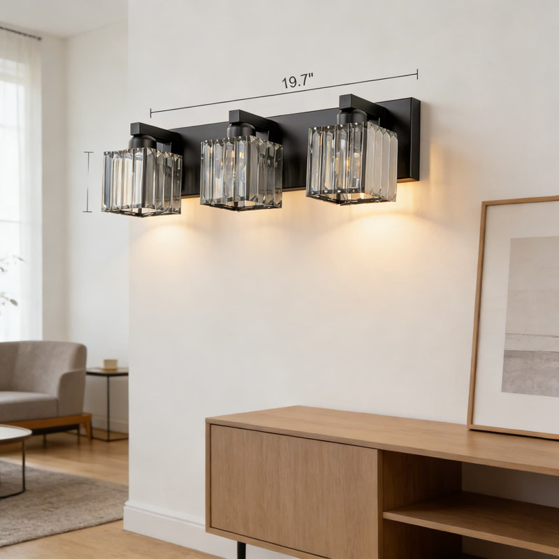 Luminaire de meuble-lavabo de salle de bain moderne à 3 lumières avec accents de cristal - Luminaire carré noir à fixation murale pour miroir - à intensité variable et compatible avec douille E26