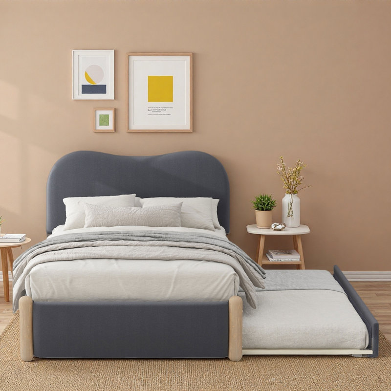 Lit plateforme tapissier avec lit gigogne, Gris, Lit simple