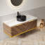 Meuble-lavabo et lavabo pour salle de bain 48 po Dipa, armoire de rangement en contreplaqué flottant, tiroirs avec poignée et capteur de lumière, vasque en céramique à motif de pierre noire et plateau en pierre frittée, pré-assemblé, couleur grain de bois noyer foncé-760744658