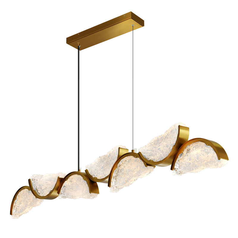 Lustre moderne intégré en laiton à DEL de 54 po avec verre texturé fabriqué à la main pour le salon, la salle à manger et le vestibule