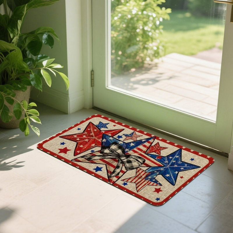 Tapis de porte Patriotic Star Bow, pour le 4 juillet et le vestibule, 24 po x 36 po, rouge, bleu, beige