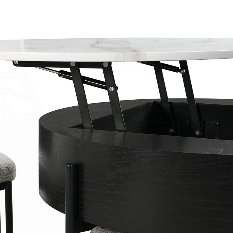 Modern Round Lift-Top Coffee Table With Storage & 3 Ottoman, Living Room Table, Black