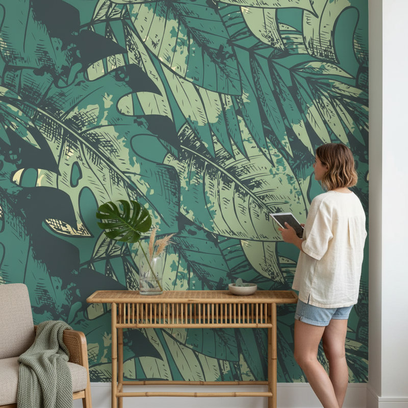 Papier peint abstrait vert avec feuilles tropicales