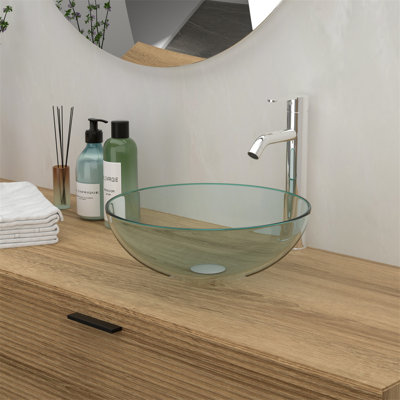 Lavabo de salle de bain vasque en verre trempé avec robinet chromé et bonde escamotable