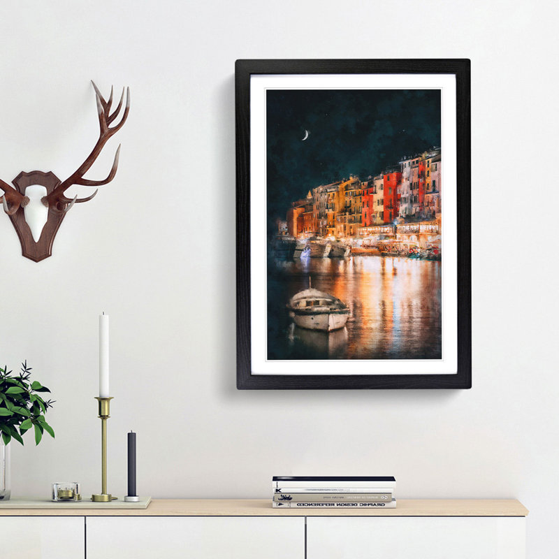 Boat in an Italian Port - Picture Frame Graphic Art Print, 33cm H x 24cm W x 2cm D, Black Framed