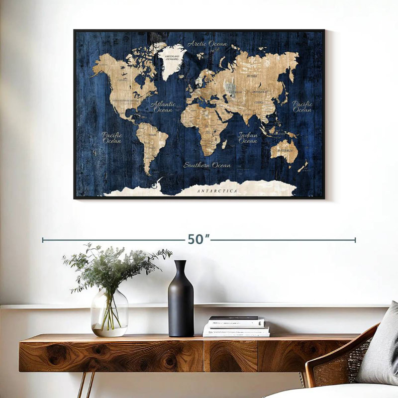 Carte du monde en bois texturé, Cadre flottant noir, 40 po x 27 po