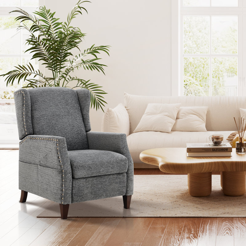 Push-Back Armchair with Storage Pockets - Nail-Head Trim & Wingback Design, Dark Grey Chenille