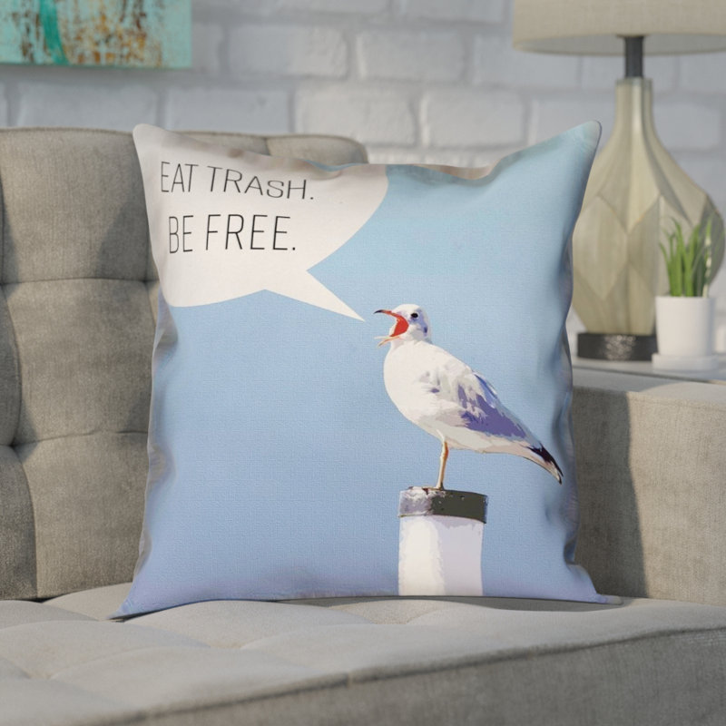 Oreiller Katelyn Smith Eat Trash Be Free Seagull, 26 po x 26 po, Housse de coussin