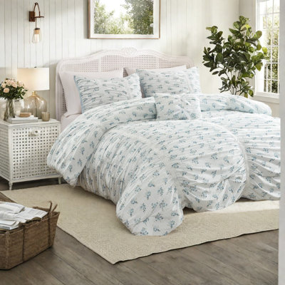 Blue Full Queen Bedding Sets, Ruched Microfiber Comforter with Floral Lace