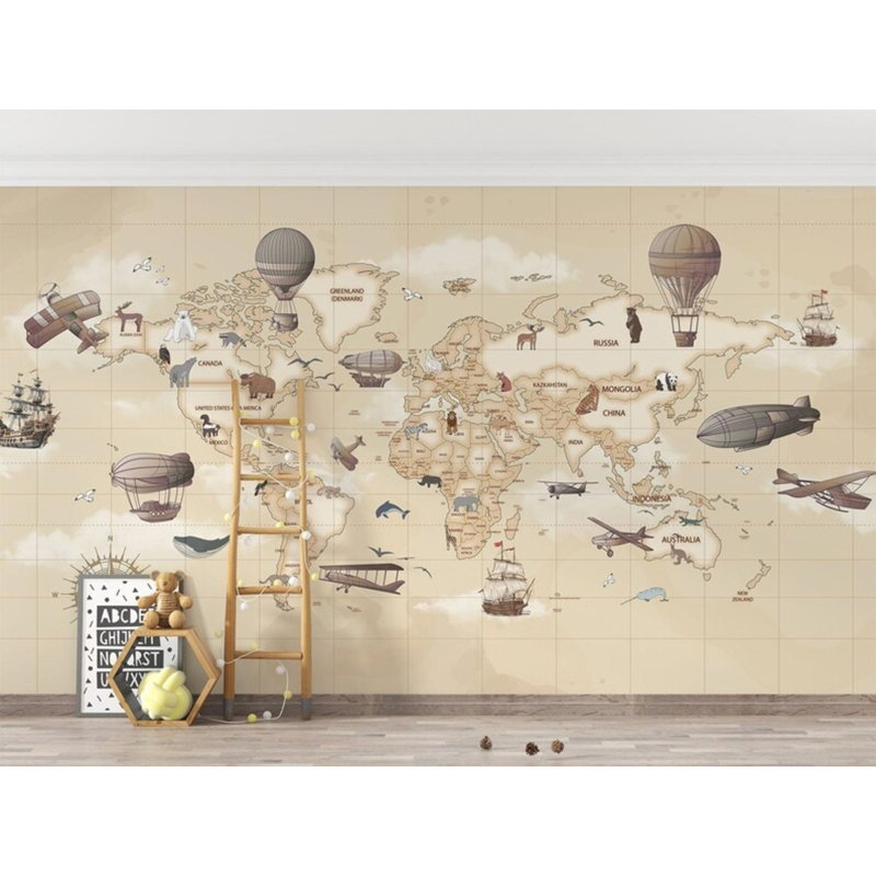 Papier peint carte du monde rétro, L 108 po x l 96 po