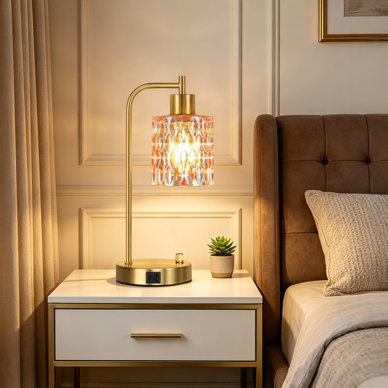 Ensemble de 2 lampes de table modernes de 40 cm avec abat-jour en verre champagne, lampes de chevet à intensité variable avec ports de chargement USB A et C pour chambre ou salon.