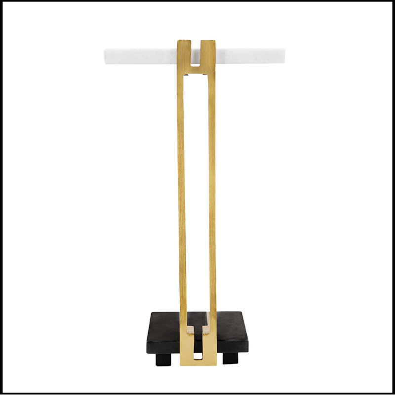 Table d'appoint artistique en aluminium et marbre en forme de C 12,5 x 12 x 22 po, blanc / or / noir