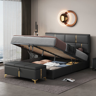 Ensemble de chambre à coucher 2 pièces, lit plateforme tapissier grand avec système de rangement hydraulique, repose-pieds de rangement avec pieds en métal, noir