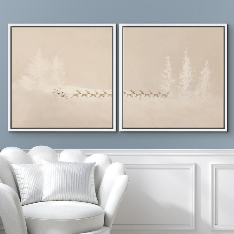 «Minimal Christmas Reindeer Sleigh Winter Forest Scene», reproduction d'art encadrée de la chambre principale, 2 pièces