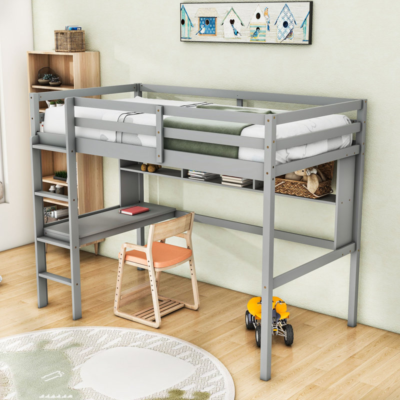 Lit mezzanine simple avec bureau d'étude et tablettes, garde-corps et échelle sécurisés, Gris