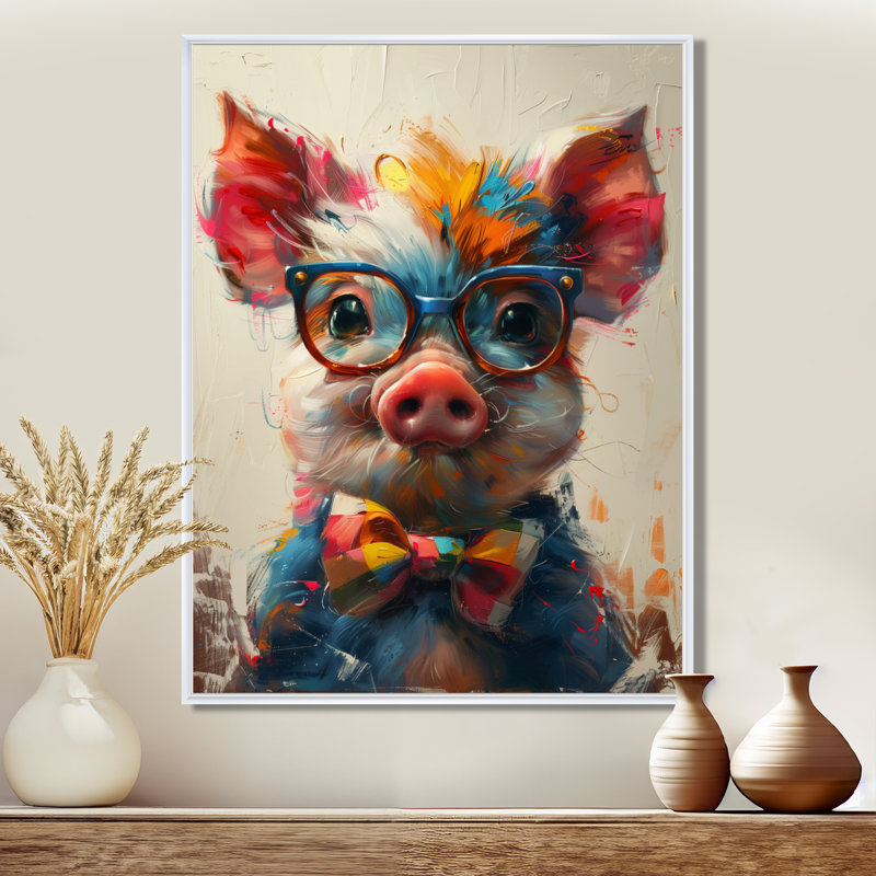 Curieux portrait de cochon rose vert - Décoration murale animal cochon, Toile encadrée flottée blanche
