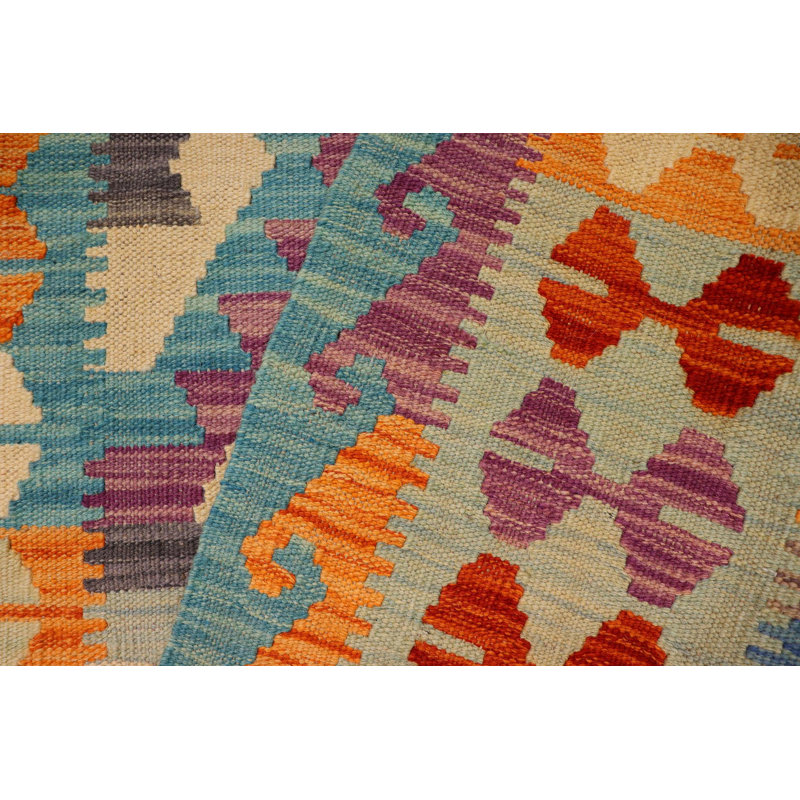 Tapis beige / bleu / orange à motif géométrique en laine tissé à plat de forme rectangulaire Elzada