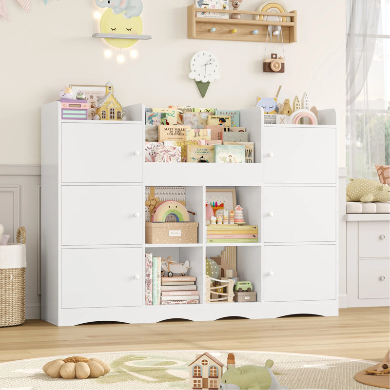 55.2"W Bookcase With 6 Closed Cubes & 4 Open Compartments, White Wood