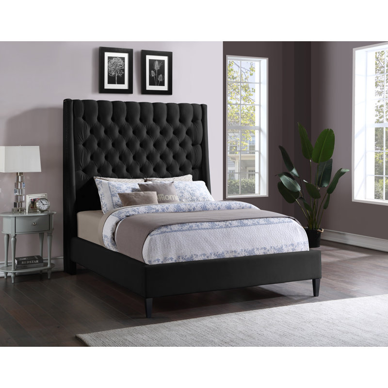 Dymph Upholstered Wingback Bed, Queen, Black Velvet