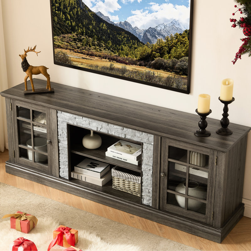 71.91" Wide Grey Faux Stone Tv Stand, 2-Door Storage, Suitable For Most Tvs Up To 75", 3 Adjustable Shelves, Gray