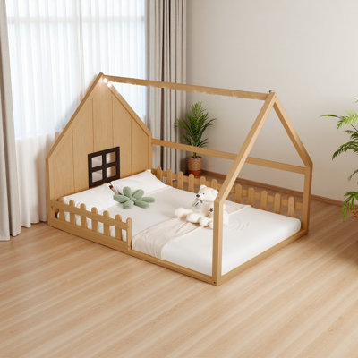 Full Size Wood House Bed With Window And Fence