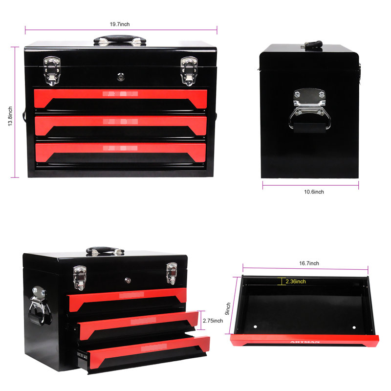 Porte-outils 20 po à 3 tiroirs en acier, noir et rouge, glissière à roulement, loquet en métal, boîte de rangement pratique, portable, pratique