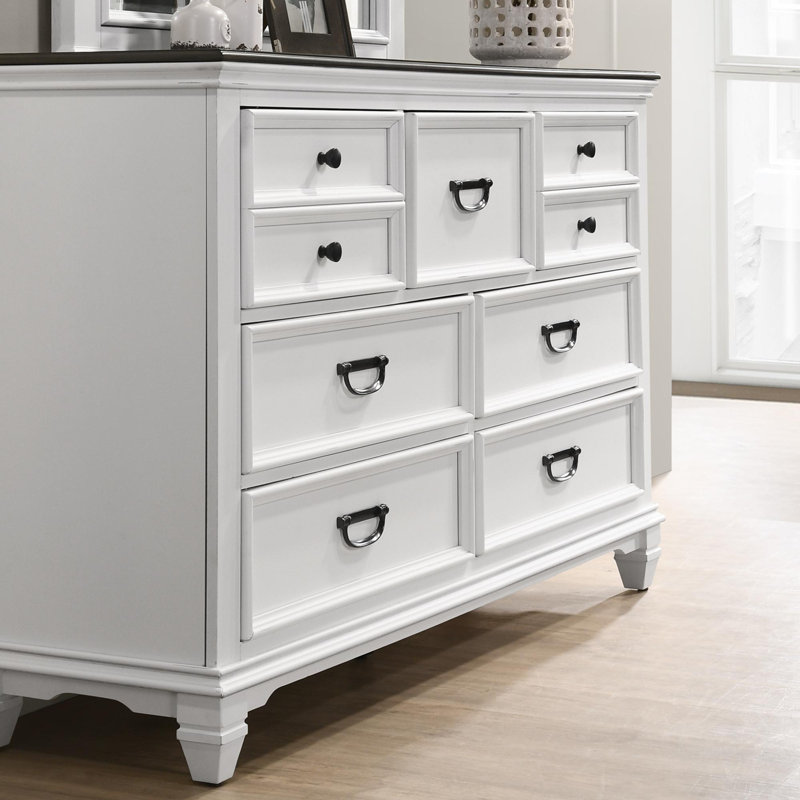 Semaj Wood Distressed Bedroom Set with Bed, Dresser, Mirror, Nightstands, Chest, Weathered White, 2, Queen